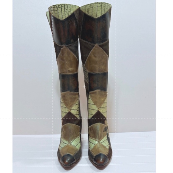 FREE BIRD BY STEVEN JUNO OLIVE MULTI COLOR PATCHWORK TALL BOOTS HANDMADE SIZE 6 - Picture 11 of 13